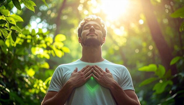 Man finding peace and connection with nature in a sunlit forest