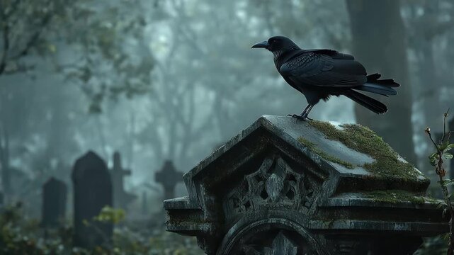 Black crow stands on a gravestone in a foggy graveyard at dusk while mist surrounds ancient trees and tombstones