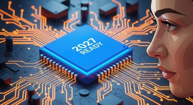 A microchip with the text 2027 years on a circuit board next to a human face illustration