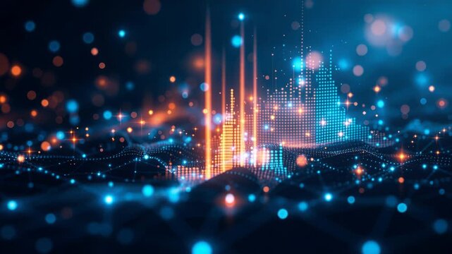 Futuristic big data processing with glowing blue and orange particles on a dark background