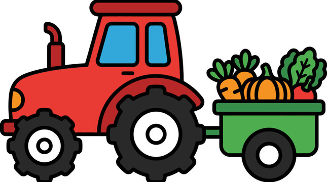 Red Tractor Pulling Green Trailer Vegetables.
