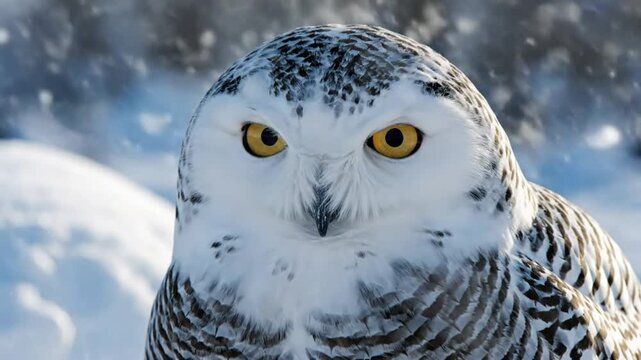 Snowy owl portrait with intense gaze in winter landscape with snowfall, close up shot of bird of prey