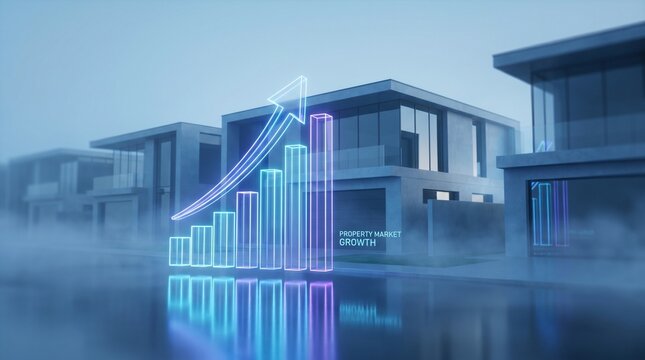 "Neon graph ascends above modern houses, symbolizing rising property values and the layered duality of economic identity and architectural imagination in futuristic visualization."