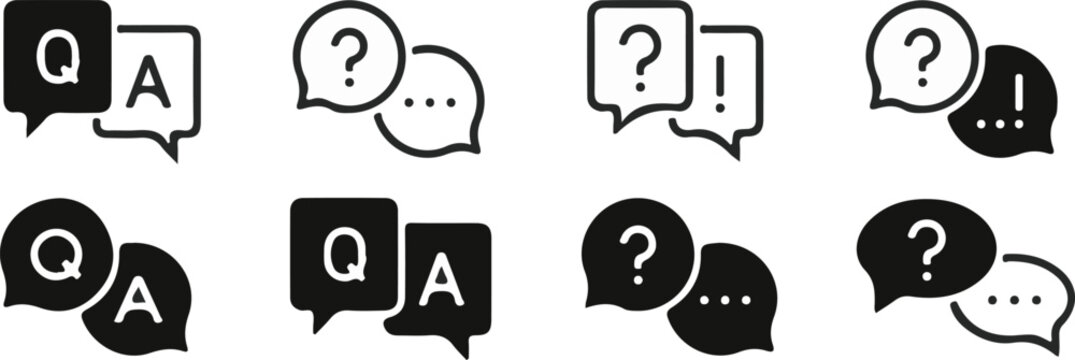 question answer qa speech bubble flat black vector icon set faq chat support help outline communication app ui branding design