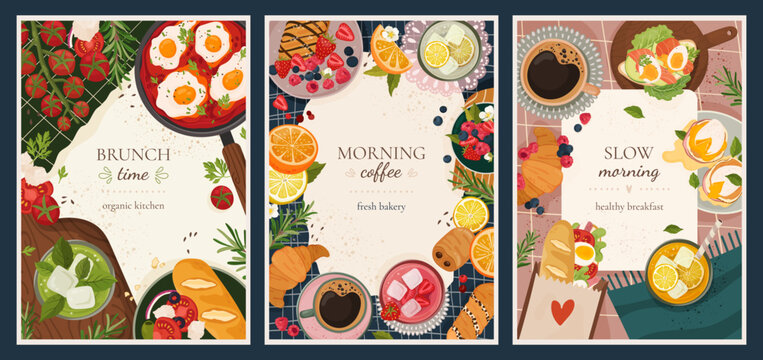 Set of stylish breakfast and brunch poster templates with coffee, croissants, eggs, bakery products, berries, citrus fruits and healthy gourmet meals. Cozy food backgrounds with copy space