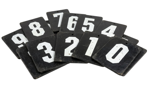 Vintage black numeric scoreboard plates isolated on transparent background png