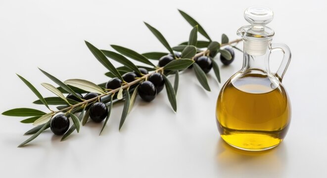 Extra virgin olive oil bottle and olive branch