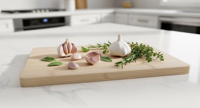Fresh garlic cloves and green herbs on wooden cutting board.