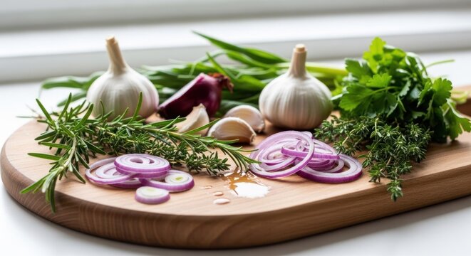 Fresh garlic bulbs and green herbs on wooden board.