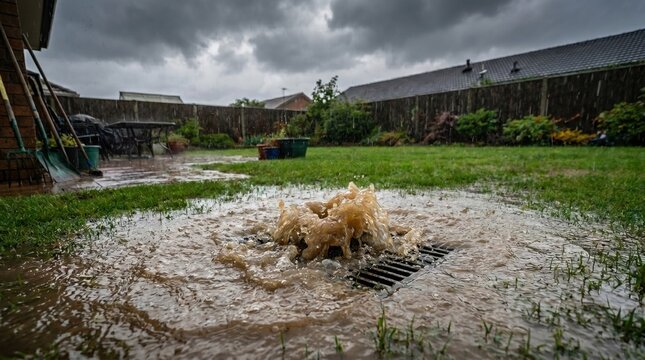 A muddy brown water backflow erupting from a garden drain grate during a heavy rainstorm in a residential backyard lawn.
