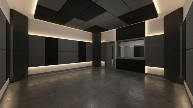 Modern interior design of a home recording studio featuring black acoustic foam panels wooden slat walls and warm ambient lighting.