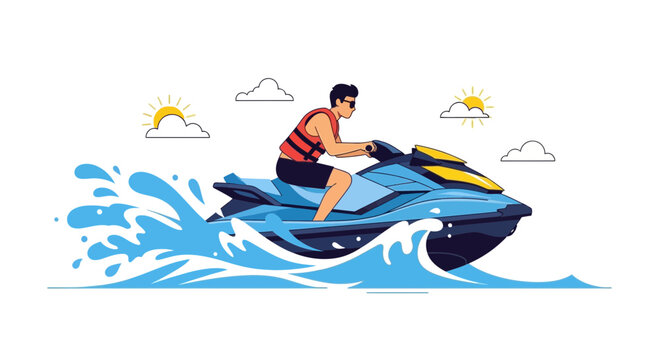 Man riding a jet ski on a sunny day, creating splashes of water