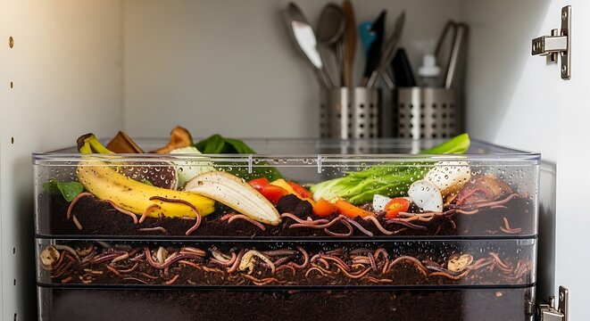 multi-tiered indoor worm composting bin filled with food scraps and active red wigglers.