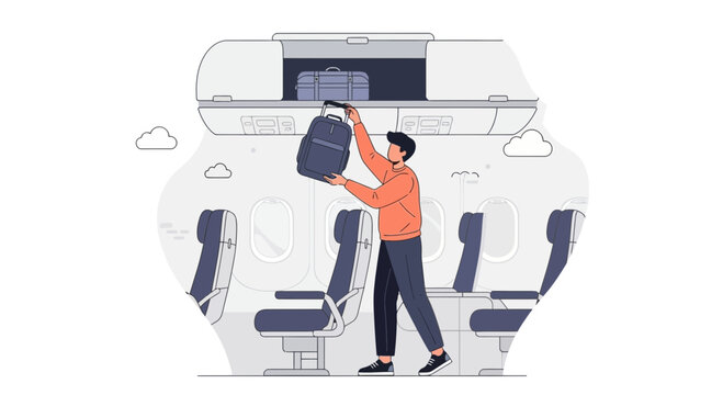 Man Stowing Luggage in Airplane Overhead Compartment, Travel Concept