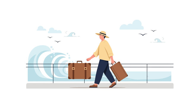Man with luggage walking by the sea with big waves, travel concept
