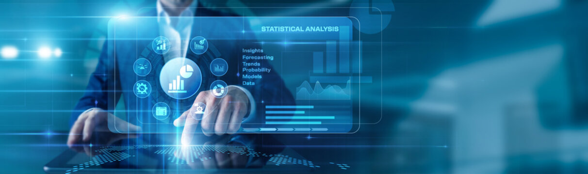 Data Analyst touching the tablet using Statistical Analysis, displayed diagrams and graphs with icons of charts, trends, probability, data modeling across the world map.