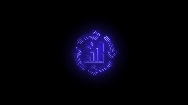 Glowing neon bule bar chart pointing upwards on a black background