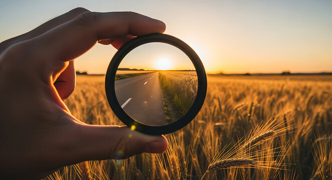 Golden wheat field pathway leading toward a warm sunset horizon as a human hand holds a glass lens to frame a distant road winding through the countryside during golden hour light.
