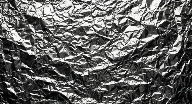 Crumpled silver aluminum foil texture with dramatic light and shadows