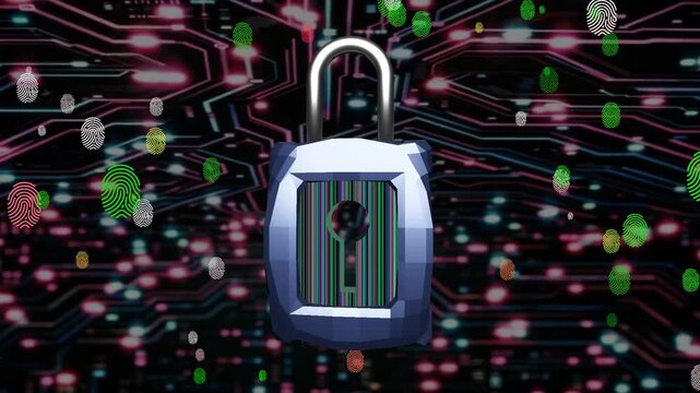 5 seconds cyber security lock rotating data flowing electronic binary fingerprints flying out  animation screensaver