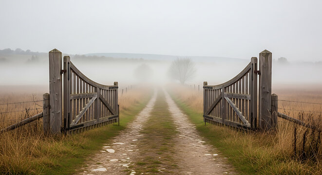 Open rustic wooden gates framing a mysterious misty dirt road leading into thick fog during a cold morning, yellow dry grass lining the rural countryside path towards the unknown horizon.