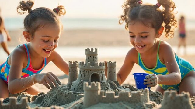 Children build a sandcastle on the beach during a sunny day in summer with smiles and laughter