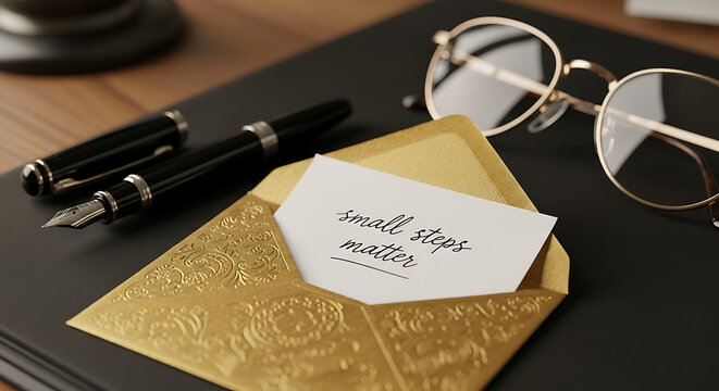 Elegant handwritten note on premium stationery tucked into a metallic gold envelope with a classic fountain pen and reading glasses on a luxury desk setup.