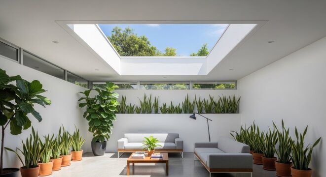 Modern living room with skylight and indoor plants.