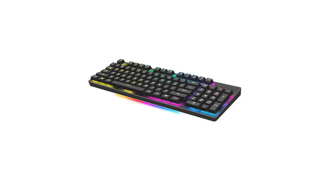 A sleek black keyboard with colorful underglow lighting on a plain white background, showcasing a modern computer peripheral with vibrant rainbow hues.