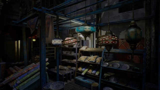 Cozy boutique showcasing mosaic lamps, soft teal and red lights, stacked pillows and artisanal textiles on low shelves, intimate warm ambience, inviting