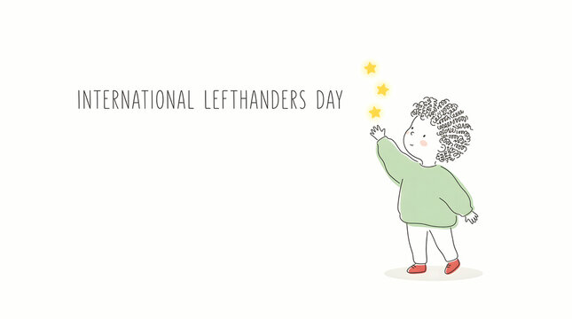 Left handers day, cartoon girl celebrating with stars