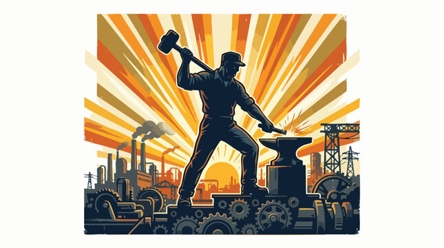 Vintage labor day poster vector illustration of a worker hammering at an anvil with industrial background and sunset