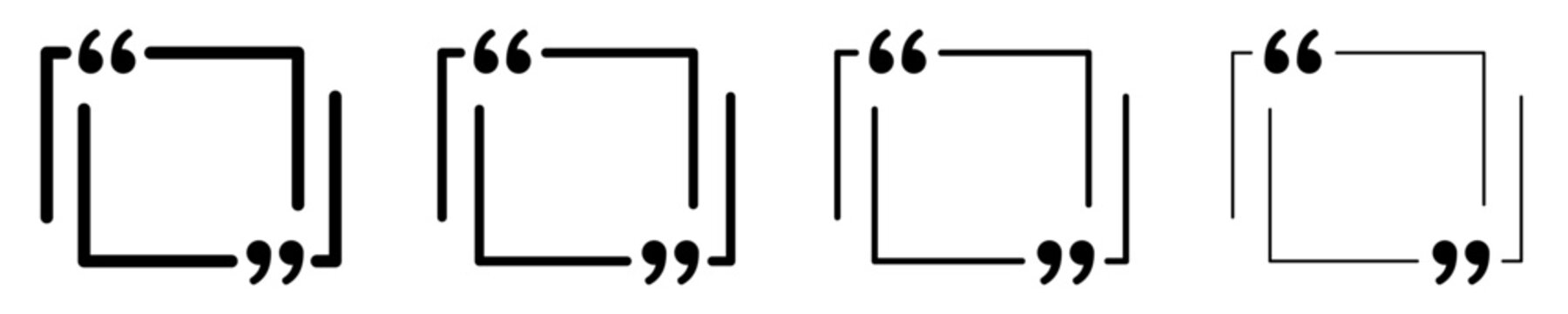 Set of linear quote frame icons with different stroke weights. Minimalist templates for testimonials and text blocks. Vector illustration.