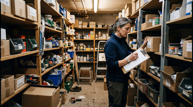 Woman taking inventory in a cluttered storage room filled with boxes and supplies.