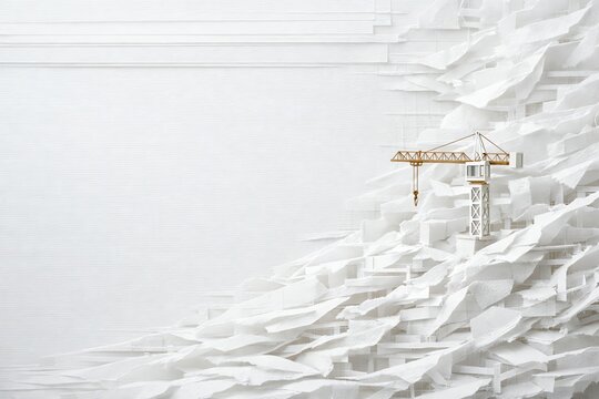  Ultra-detailed macro architectural paper relief with layered tracing paper, vellum textures, blueprint fragments, and a miniature construction crane fading into clean negative space.