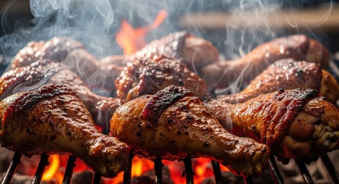 Row of chicken drumsticks roasting on outdoor grill rack.