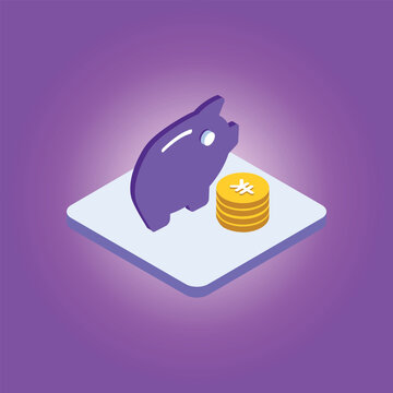 Isometric piggy bank icon featuring a purple pig silhouette next to a stack of gold coins with a yen symbol.