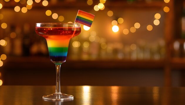 C&oacute;ctel de colores con bandera arco&iacute;ris en copa elegante sobre barra de bar con luces desenfocadas