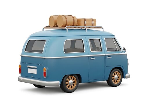 Classic blue van loaded with luggage for a road trip adventure. isolated on white background