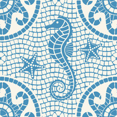 Blue seahorse mosaic seamless pattern with starfish and marine ornaments for ceramic tiles, wallpaper, textiles, packaging and coastal decor. Vector for web and print. © Olga