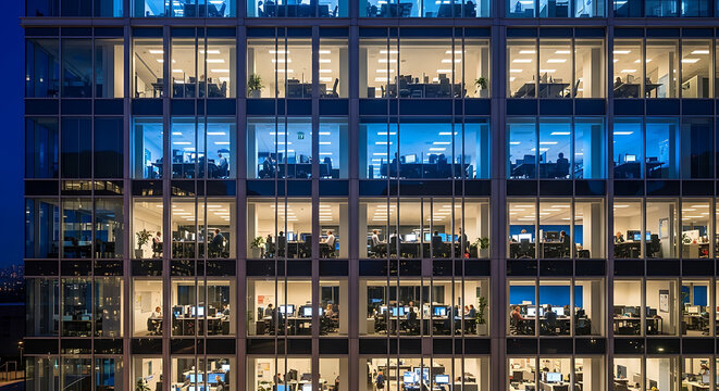 Luminous contemporary glass skyscraper exterior at dusk with radiant windows revealing corporate employees working diligently inside workstation cubicles during late night overtime shifts.