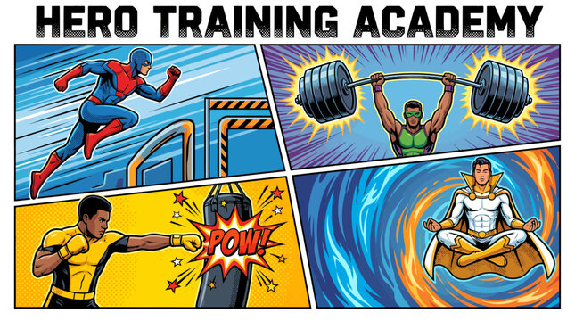 Retro comic book style superhero training academy poster layout with heavy barbell lifting and power explosions