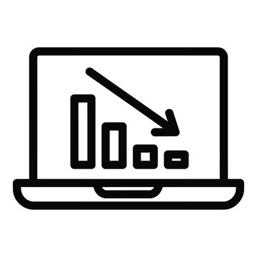 Laptop computer screen with decreasing graph and arrow pointing down icon