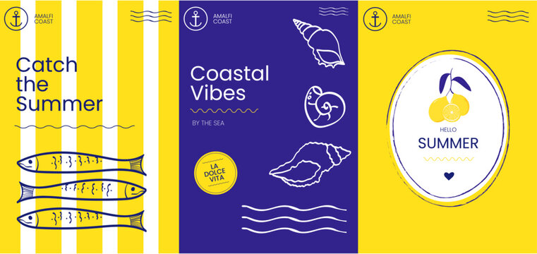 Mediterranean summer card set with sardines seashells and coastal Amalfi style elements