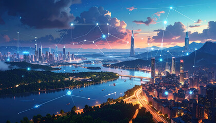 Obraz premium Futuristic cityscape at dawn with network lines overlay, featuring river, bridges, mountains