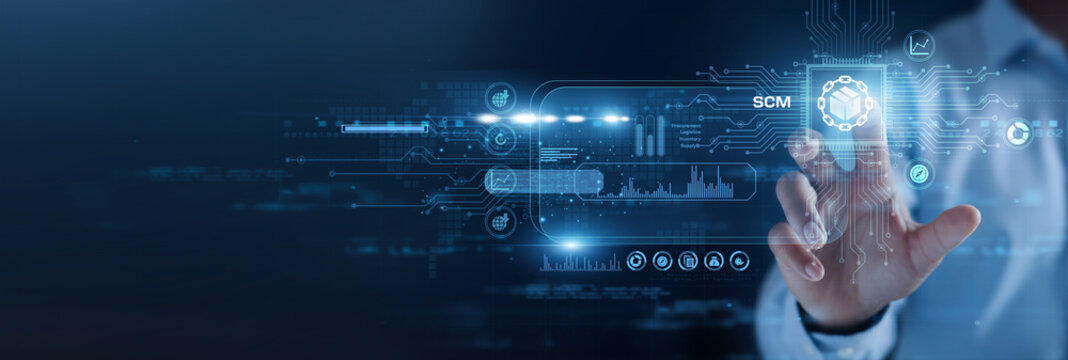 SCM coordinator. Logistics touch using hand supply network Virtual screen logistics. Streamlining global distribution and inventory tracking for efficient product delivery.
