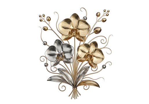 Elegant metallic orchid bouquet with decorative curls and beads isolated on white background