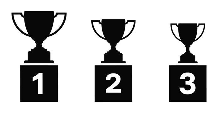 Black silhouettes of first second and third place trophies on podiums