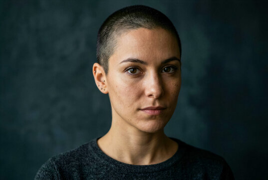 Confident young woman with buzzed hair looking at camera in dramatic studio lighting on dark background
