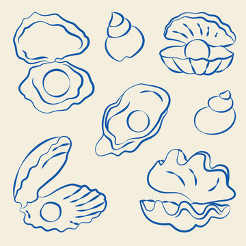 Hand-drawn underwater sea creatures, shells, mollusk, and pearl oyster in line art doodle style for wedding or event decor
